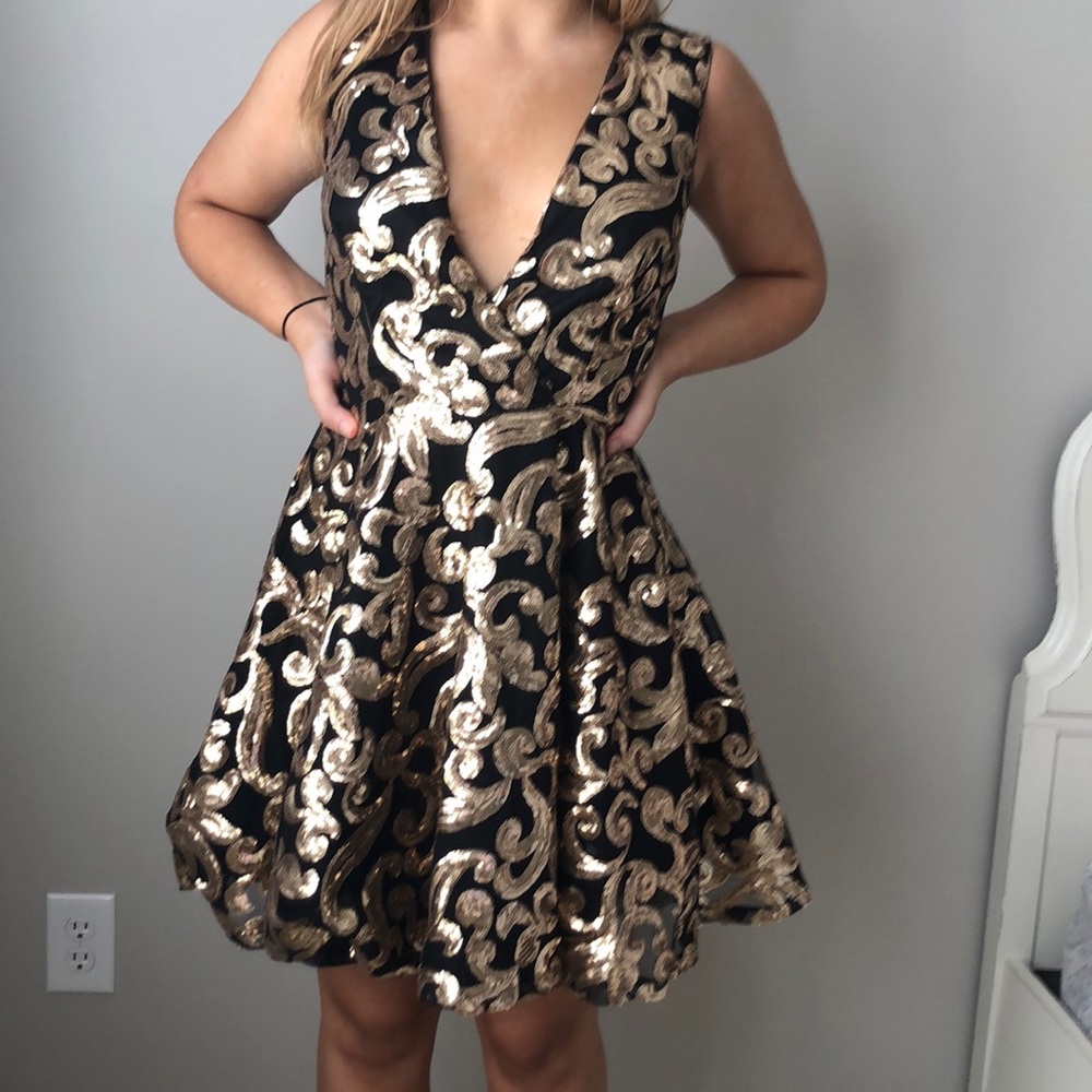 gold and black sequin cocktail dress